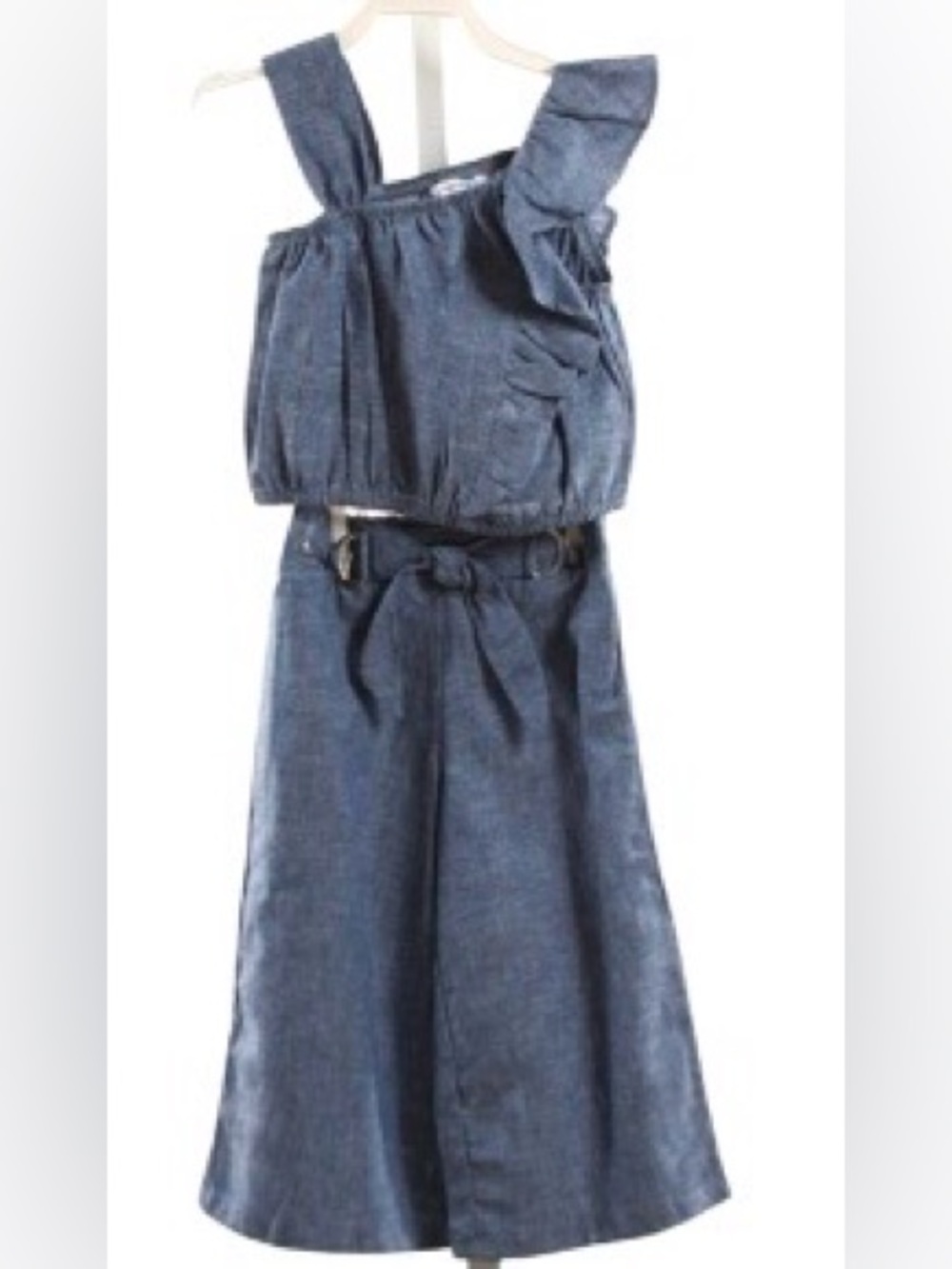 Mayoral Two Piece Chambray Outfit Wide-Leg Pants Ruffled Shoulder Top NWT